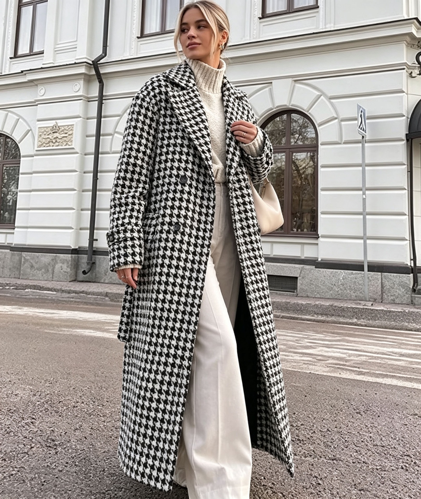 New Autumn Winter Plaid Oversized Lapel Loose Long Woolen Coat