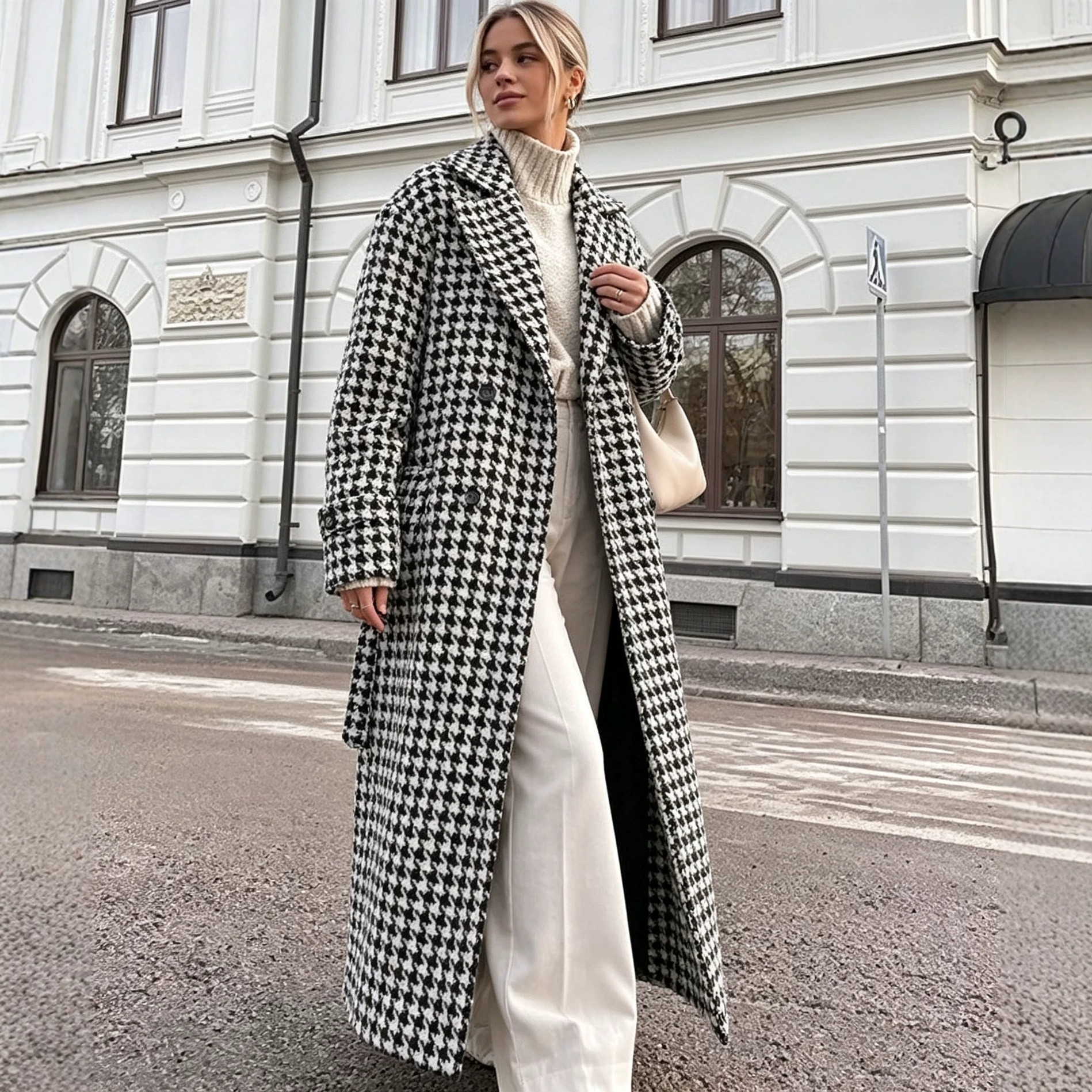 New Autumn Winter Plaid Oversized Lapel Loose Long Woolen Coat