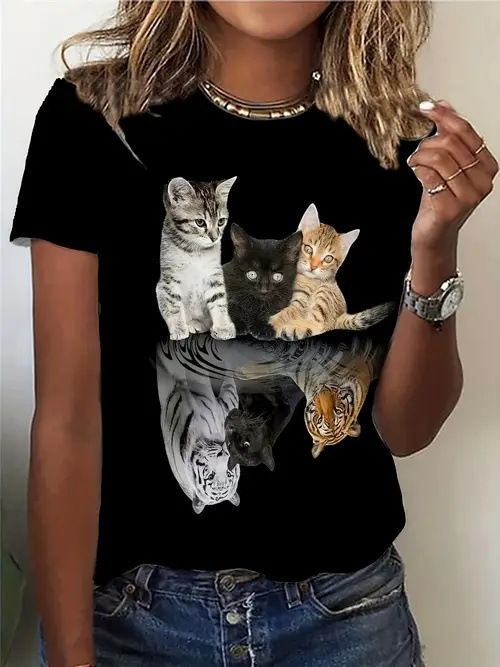 New Crossborder Women's Casual Short Sleeve TShirt, 3D Printed Crew Neck Printed Top