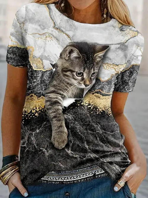 New Crossborder Women's Casual Short Sleeve TShirt, 3D Printed Crew Neck Printed Top