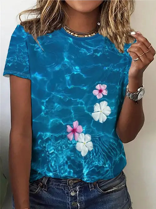 New Crossborder Women's Casual Short Sleeve TShirt, 3D Printed Crew Neck Printed Top