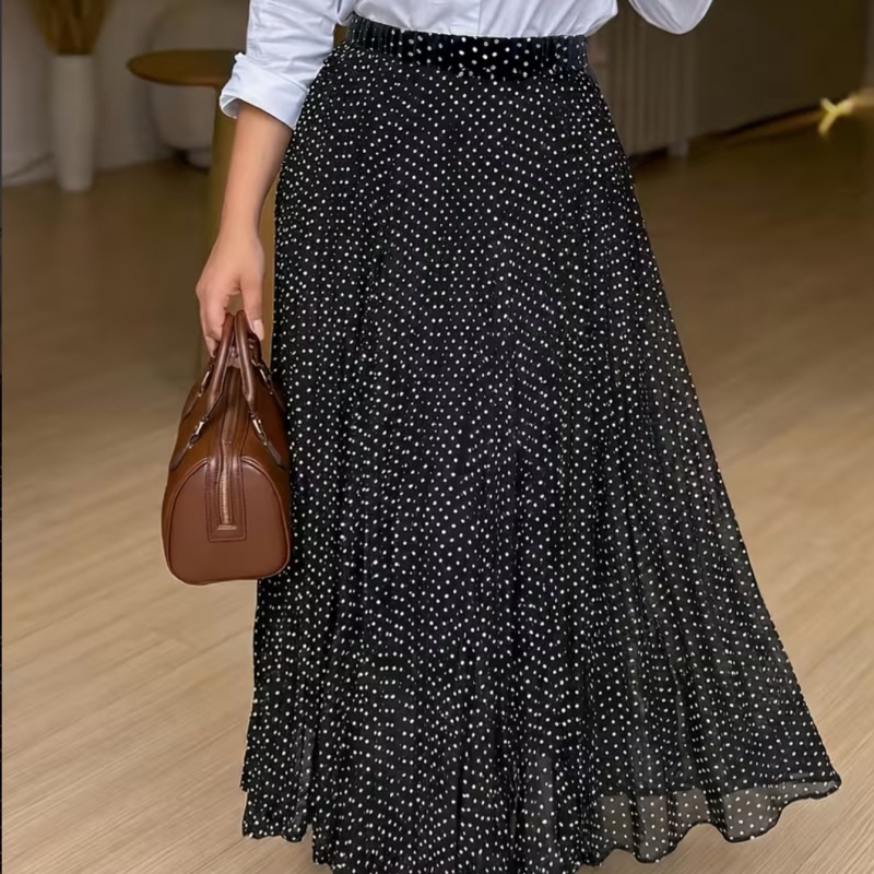 New Elegant And Sophisticated Mid-Length Polka-Dot Pleated Maxi Skirt