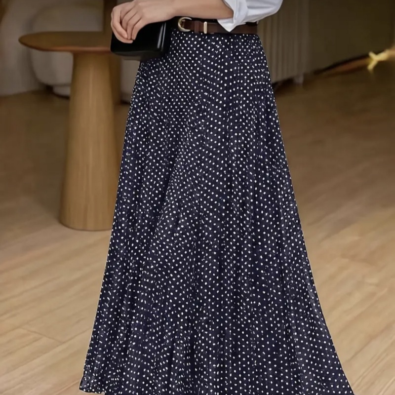 New Elegant And Sophisticated Mid-Length Polka-Dot Pleated Maxi Skirt