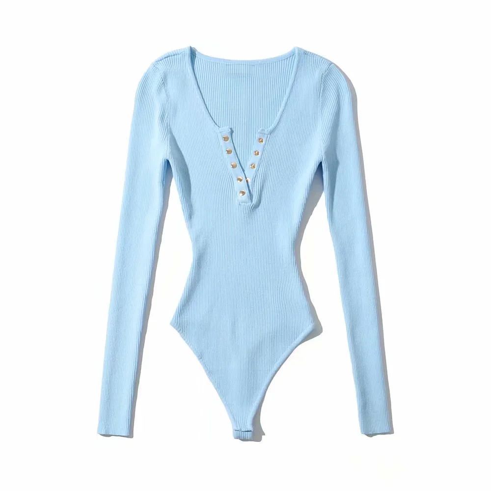 New European And American Long-sleeve V-neck Button-down T-shirt Spicy Girl-style Jumpsuit