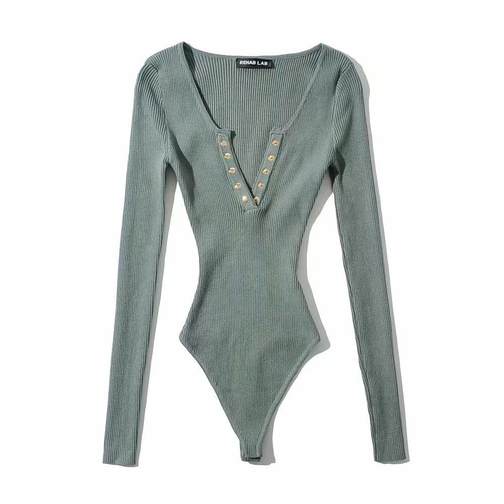 New European And American Long-sleeve V-neck Button-down T-shirt Spicy Girl-style Jumpsuit