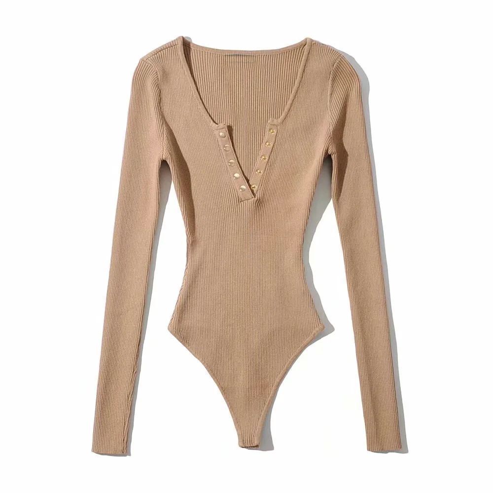 New European And American Long-sleeve V-neck Button-down T-shirt Spicy Girl-style Jumpsuit