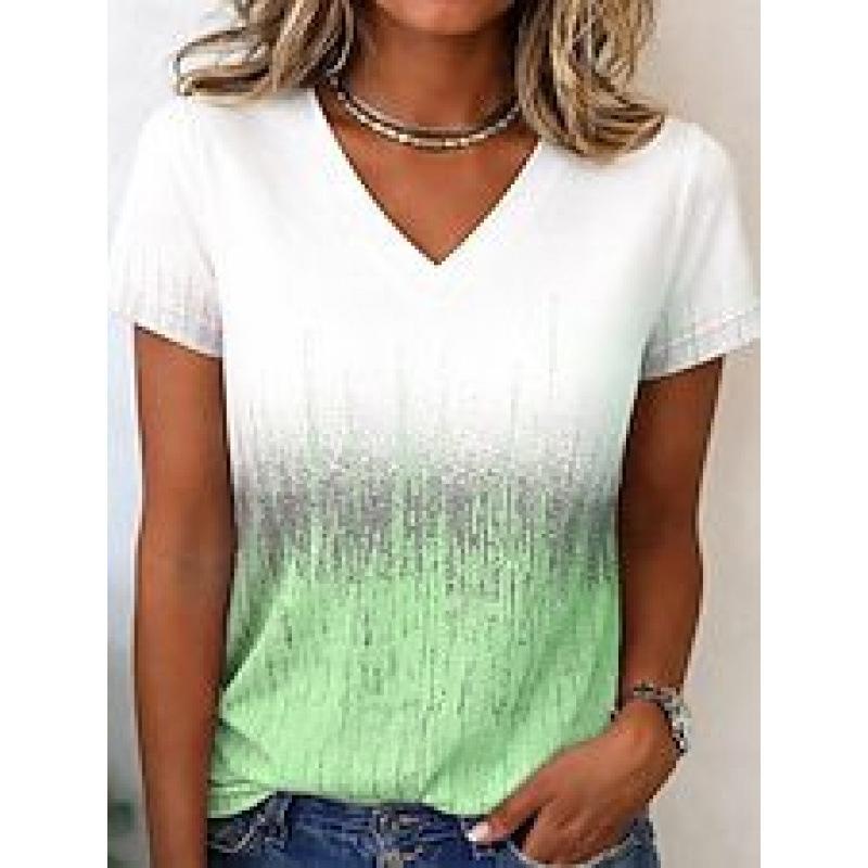 New Gradient Color-block Printed V-neck Short-sleeve Top