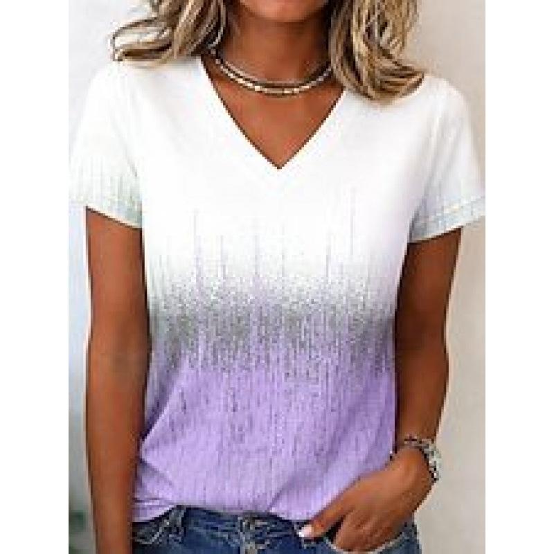 New Gradient Color-block Printed V-neck Short-sleeve Top