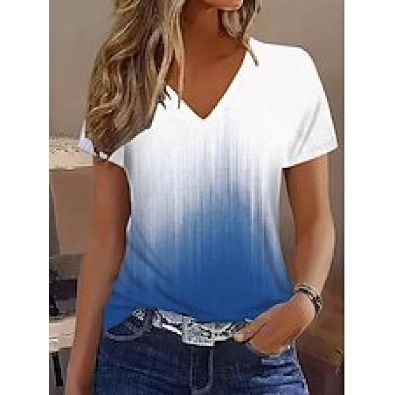 New Gradient Color-block Printed V-neck Short-sleeve Top