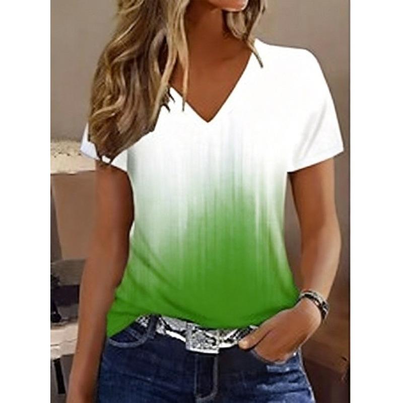 New Gradient Color-block Printed V-neck Short-sleeve Top