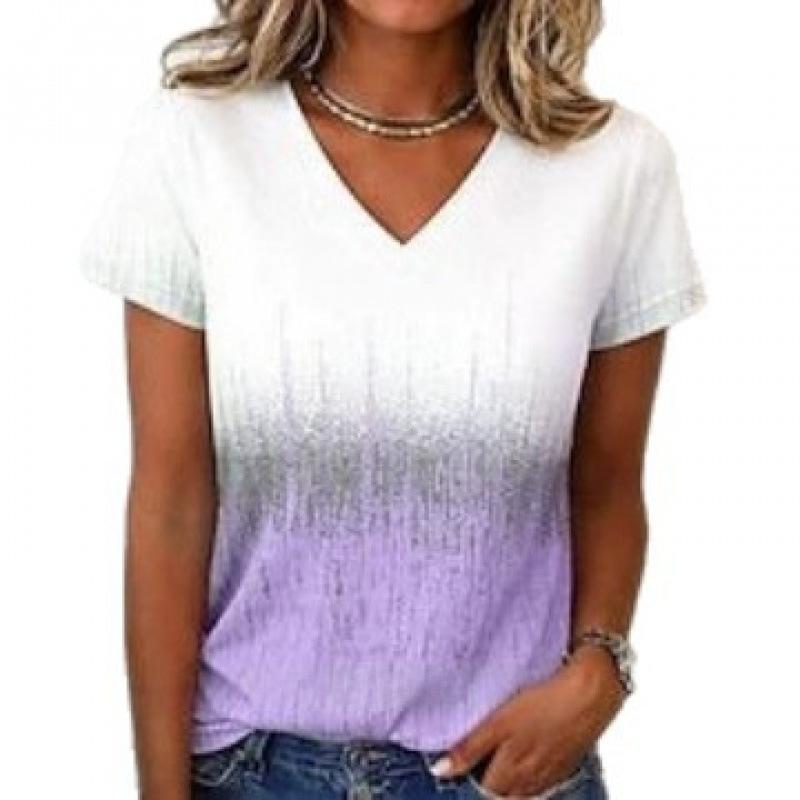 New Gradient Color-block Printed V-neck Short-sleeve Top