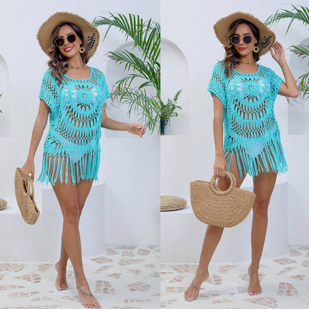 New Hand Crochet Hollow Out Bikini Cover Up, Tassel Sexy Beach Dress, European American