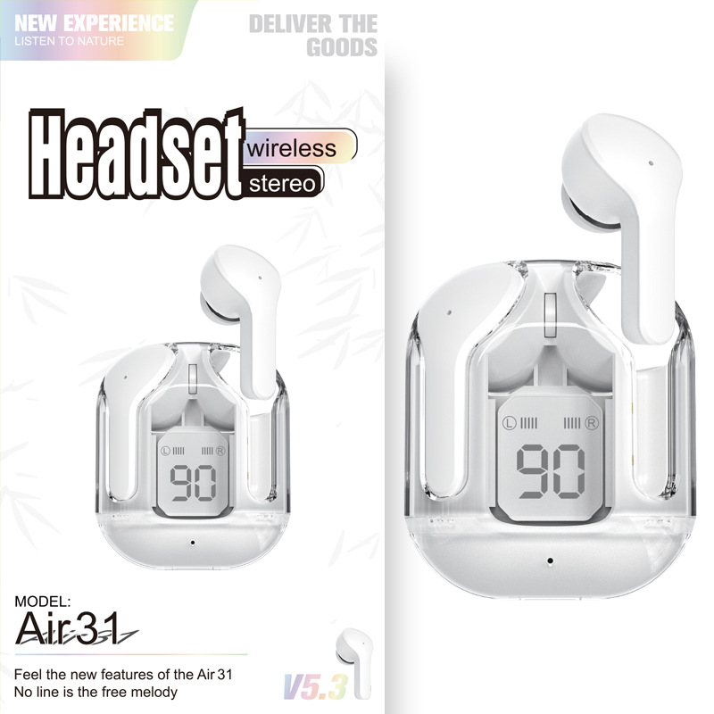 New Mini Transparent Wireless Bluetooth Headset Digital Display ENC Noise Reduction True