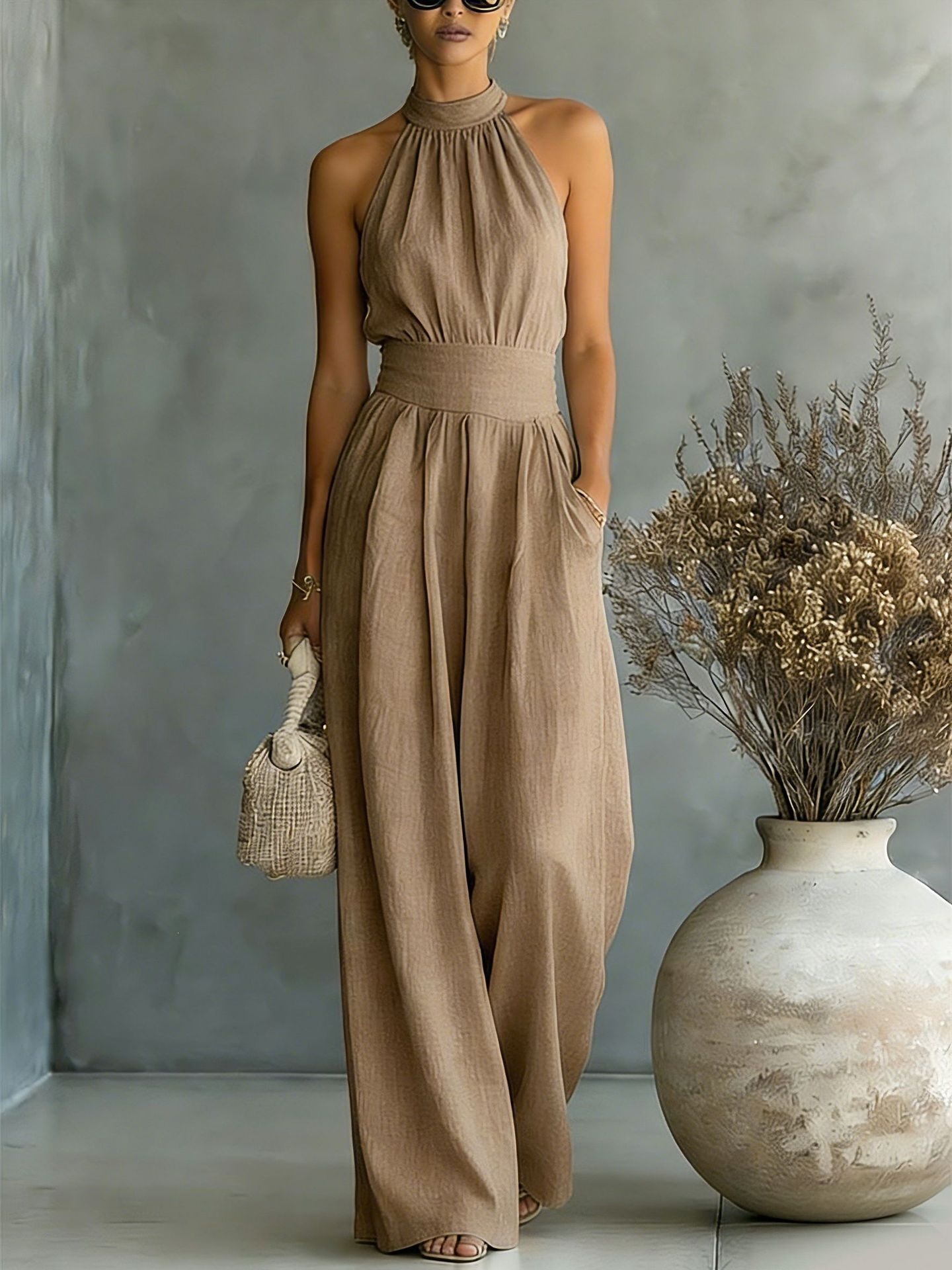 New Popular Sleeveless Halter Neck Jumpsuit With Loose Wide-Leg Design And Elegant