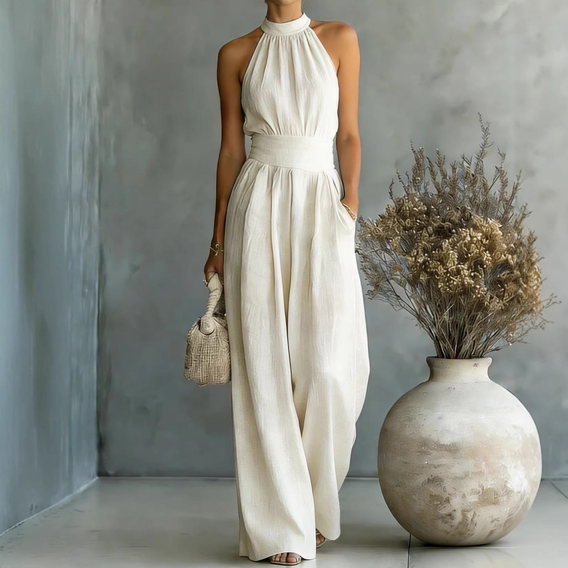 New Popular Sleeveless Halter Neck Jumpsuit With Loose Wide-Leg Design And Elegant