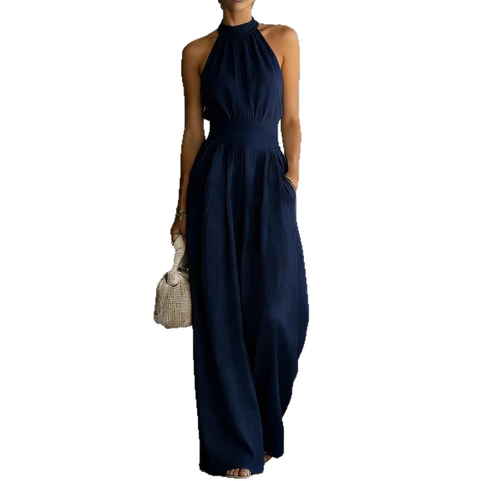 New Popular Sleeveless Halter Neck Jumpsuit With Loose Wide-Leg Design And Elegant