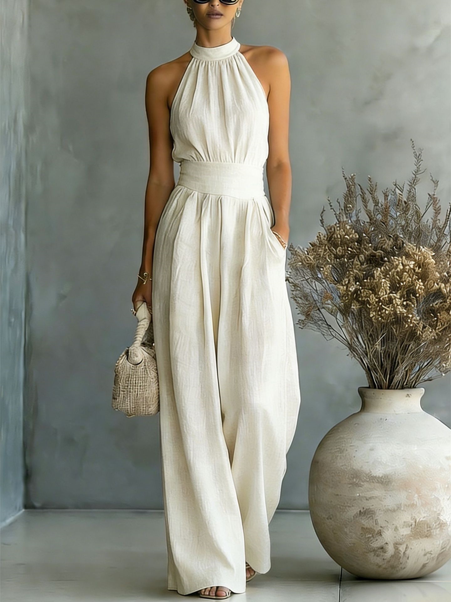 New Popular Sleeveless Halter Neck Jumpsuit With Loose Wide-Leg Design And Elegant