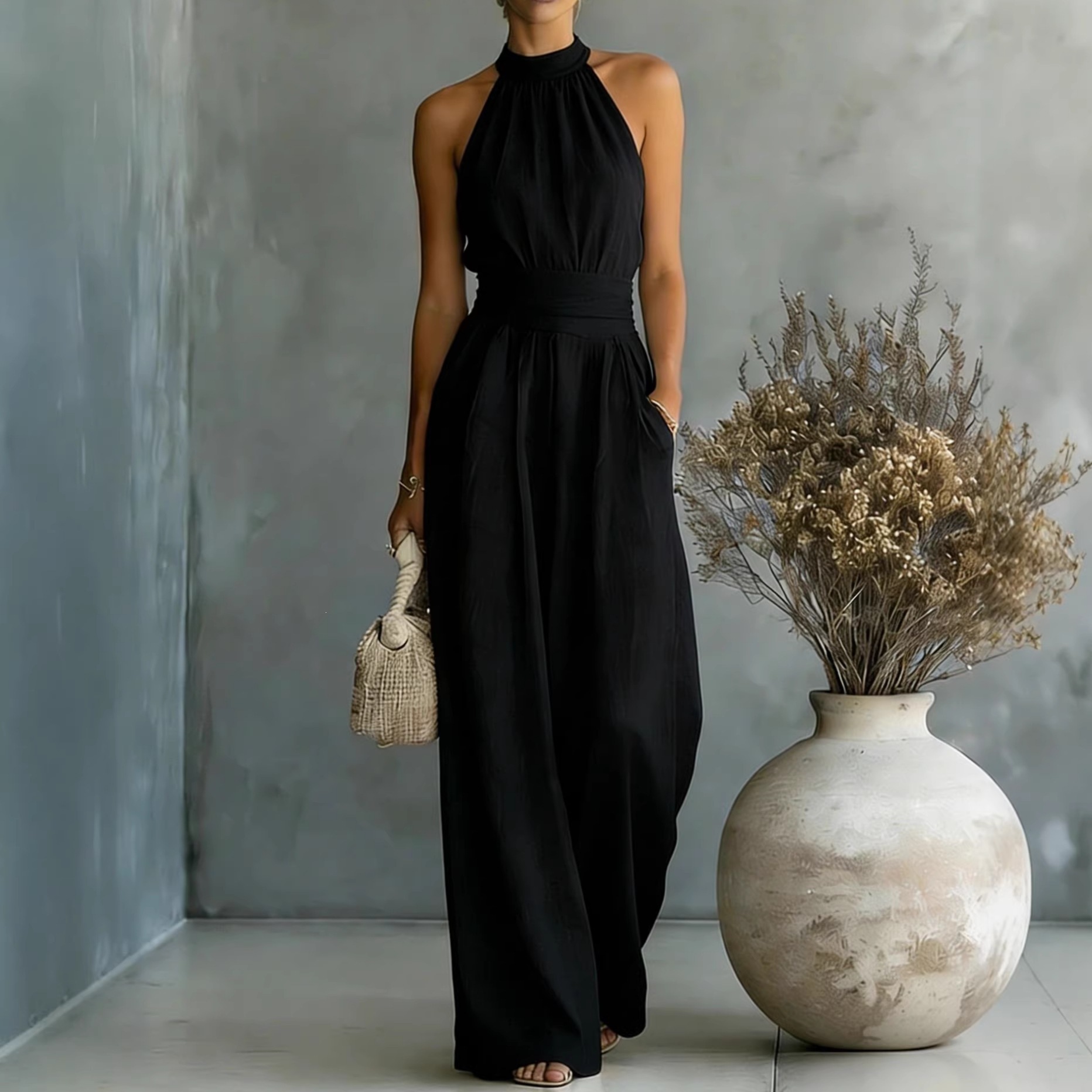 New Popular Sleeveless Halter Neck Jumpsuit With Loose Wide-Leg Design And Elegant