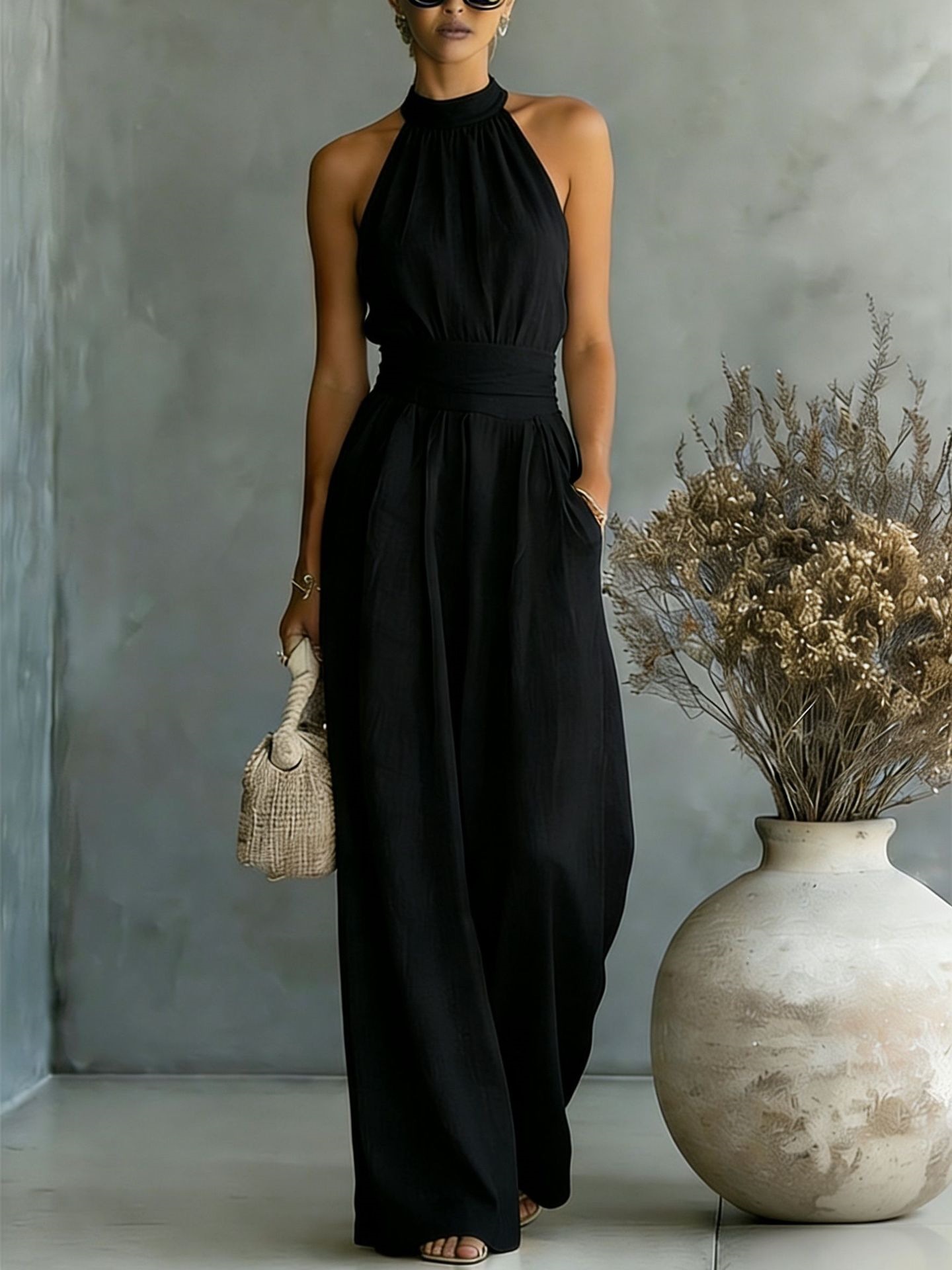 New Popular Sleeveless Halter Neck Jumpsuit With Loose Wide-Leg Design And Elegant