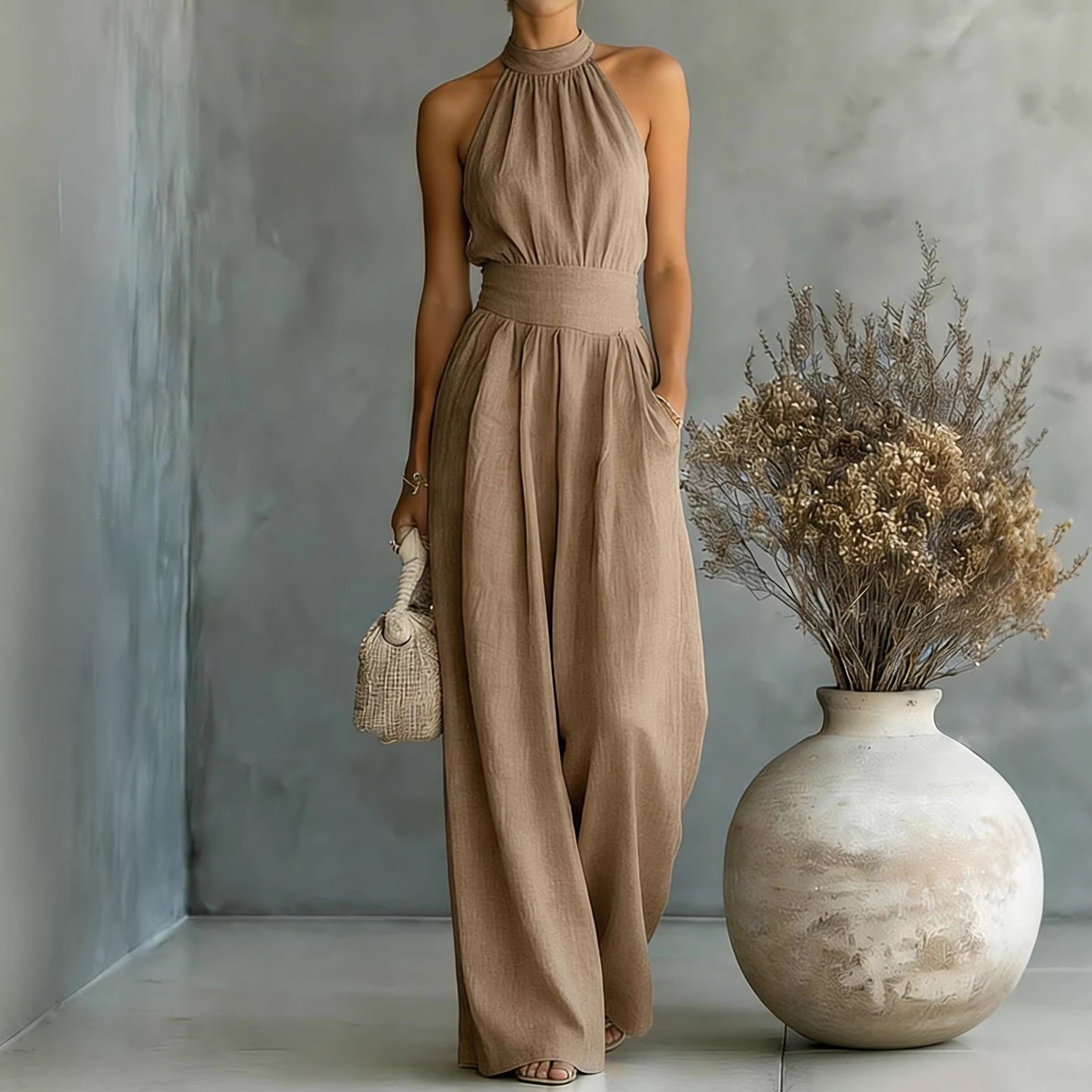 New Popular Sleeveless Halter Neck Jumpsuit With Loose Wide-Leg Design And Elegant