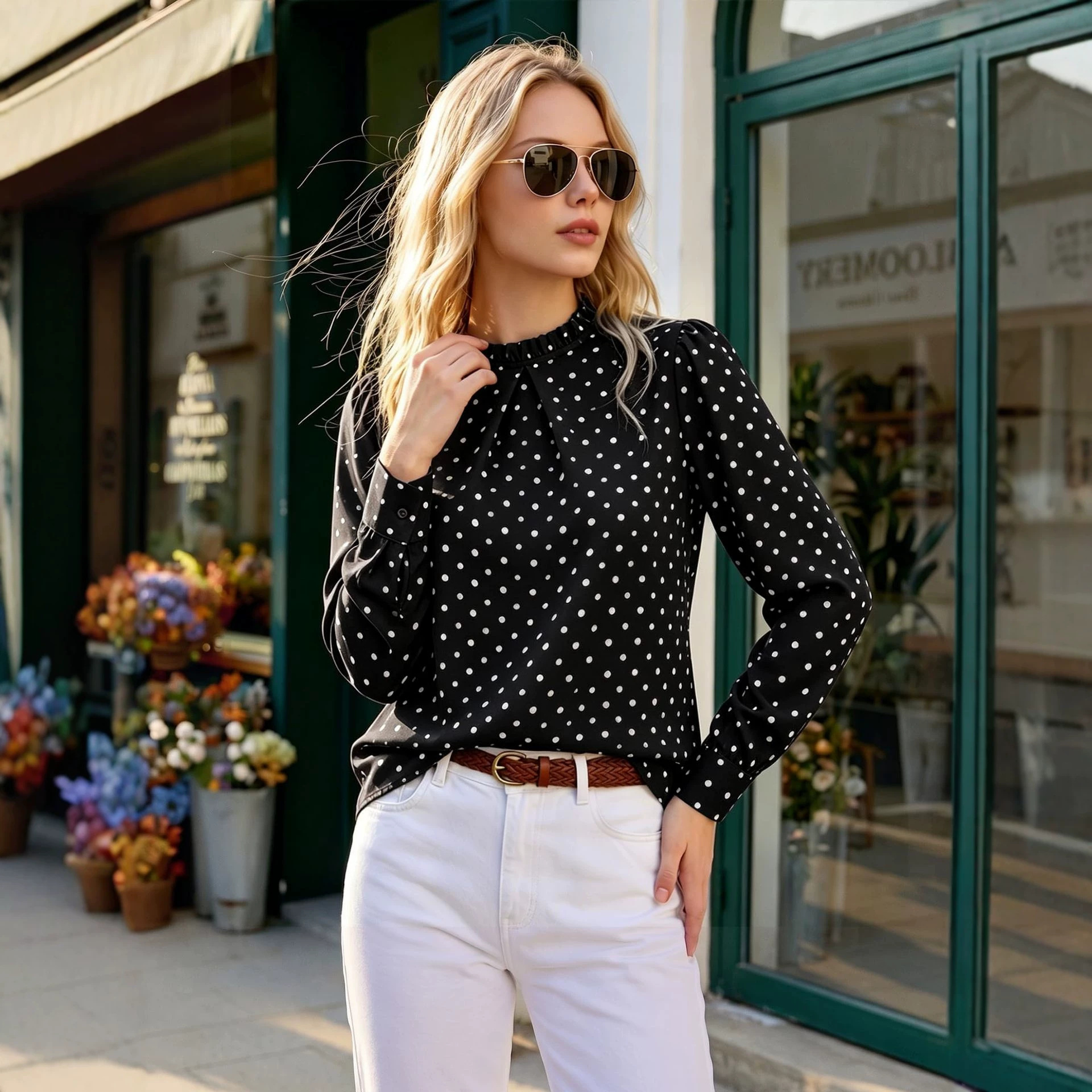 New Stylish Round-neck Long-sleeve Chiffon Blouse
