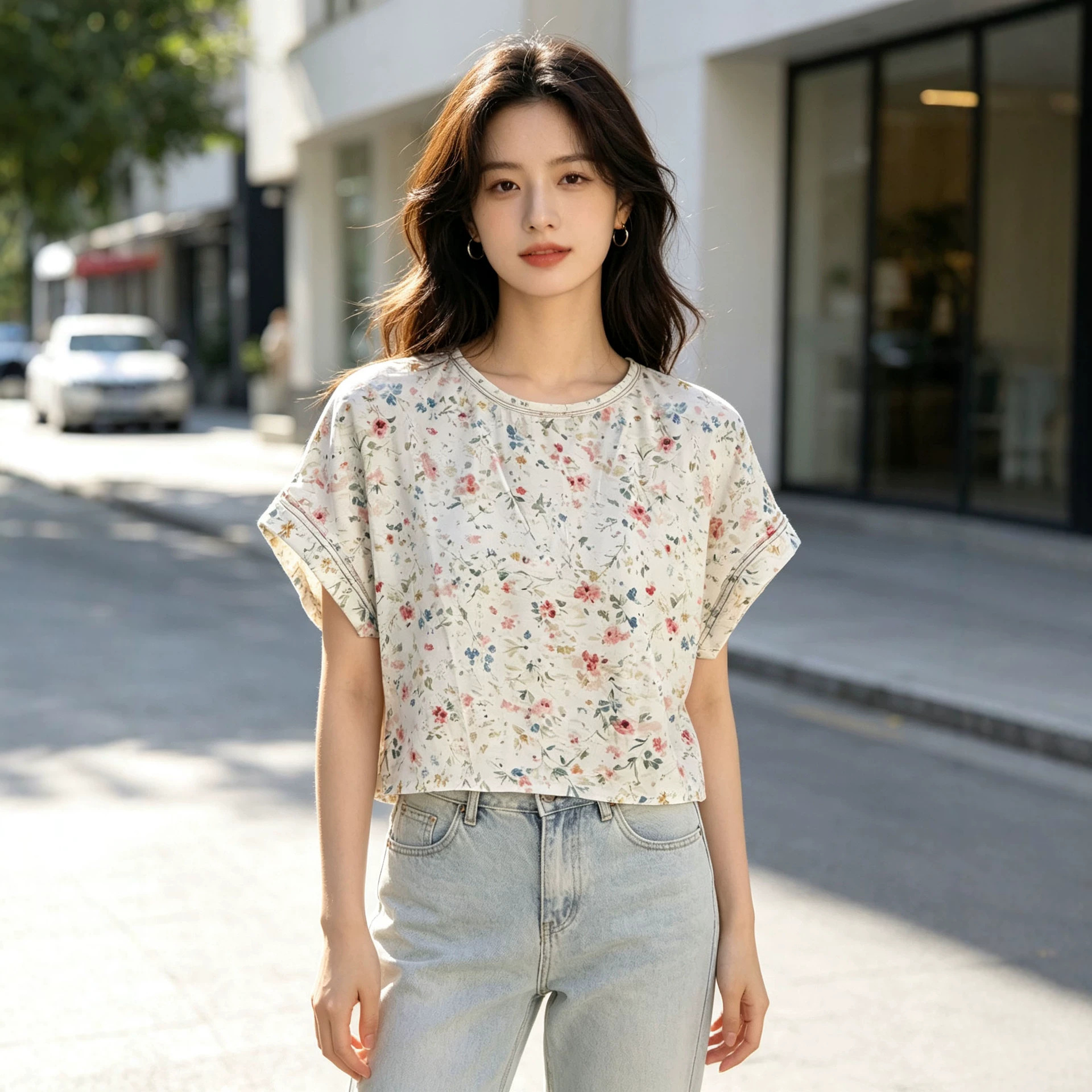 New Women's T-shirt, Crew Neck Short Sleeve Batwing Top, Loose Casual Hollow Out Back