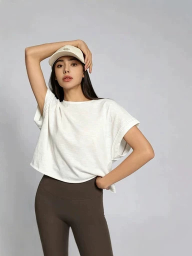 New Women's T-shirt, Crew Neck Short Sleeve Batwing Top, Loose Casual Hollow Out Back