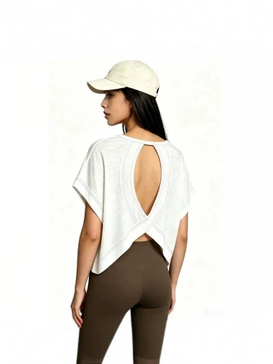 New Women's T-shirt, Crew Neck Short Sleeve Batwing Top, Loose Casual Hollow Out Back