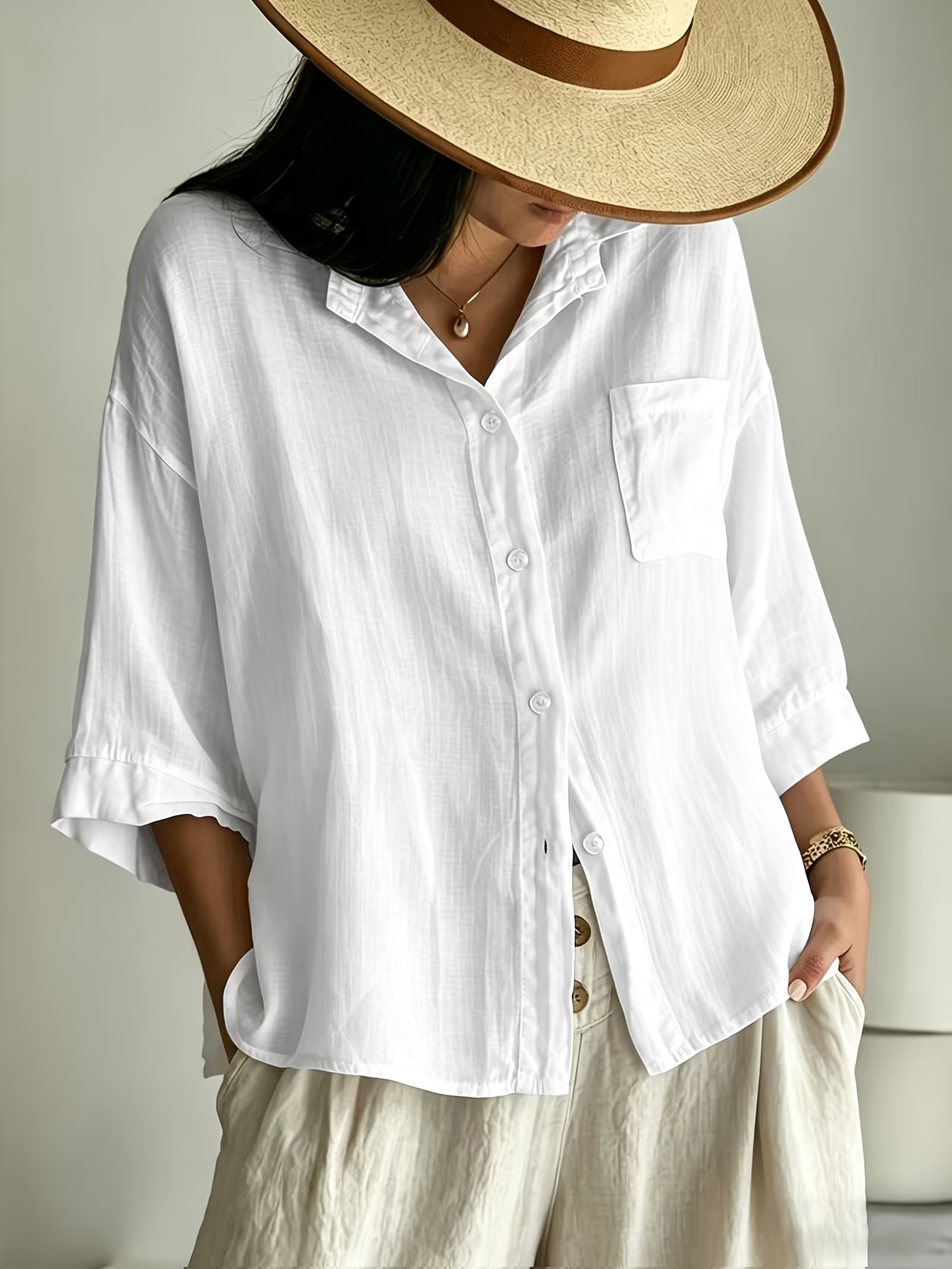 Notch-lapel Single-pocket Drop-shoulder Three-quarter-sleeve Shirt