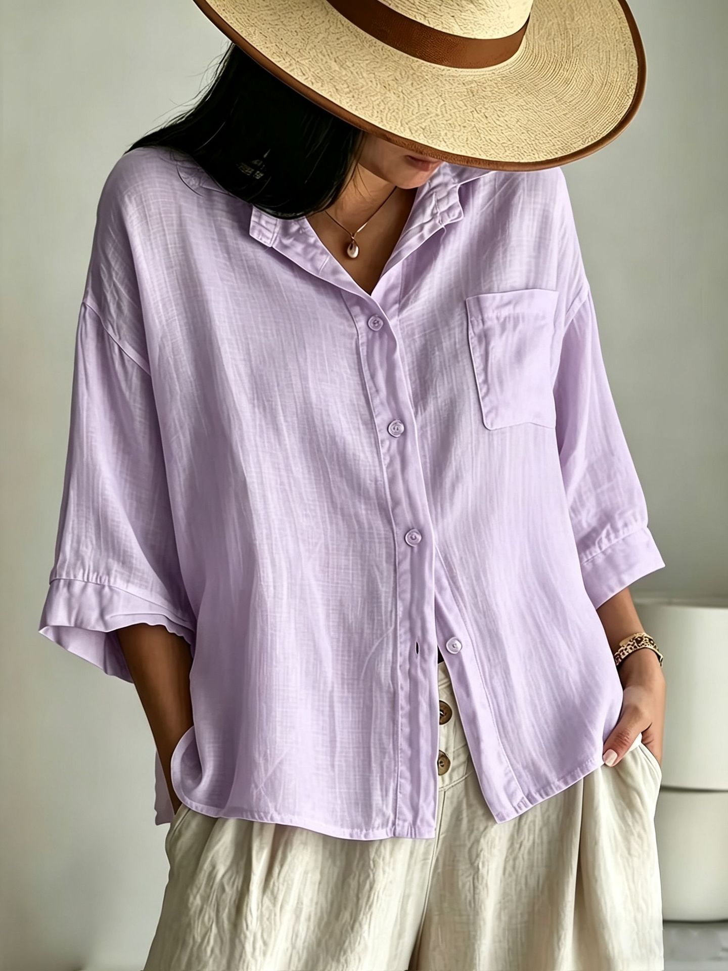 Notch-lapel Single-pocket Drop-shoulder Three-quarter-sleeve Shirt