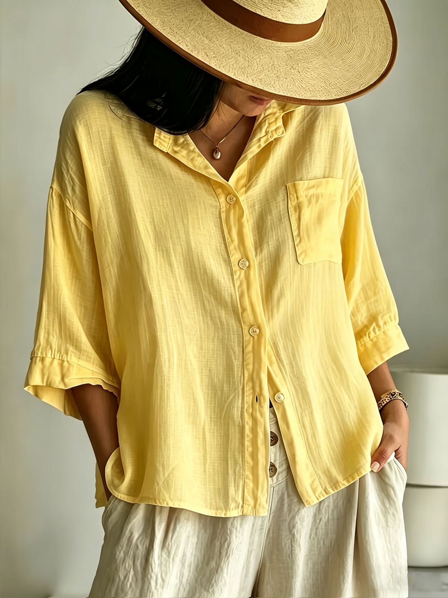 Notch-lapel Single-pocket Drop-shoulder Three-quarter-sleeve Shirt