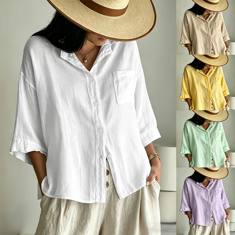 Notch-lapel Single-pocket Drop-shoulder Three-quarter-sleeve Shirt