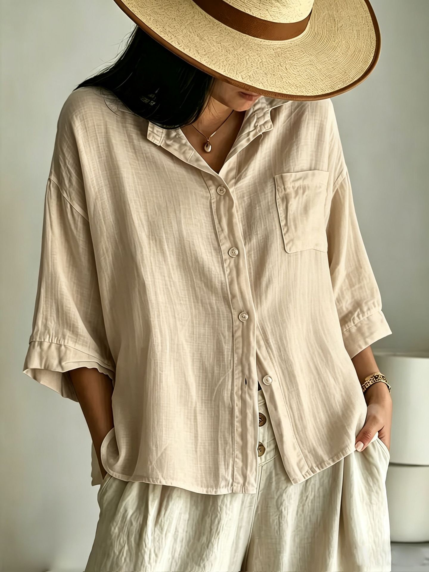 Notch-lapel Single-pocket Drop-shoulder Three-quarter-sleeve Shirt