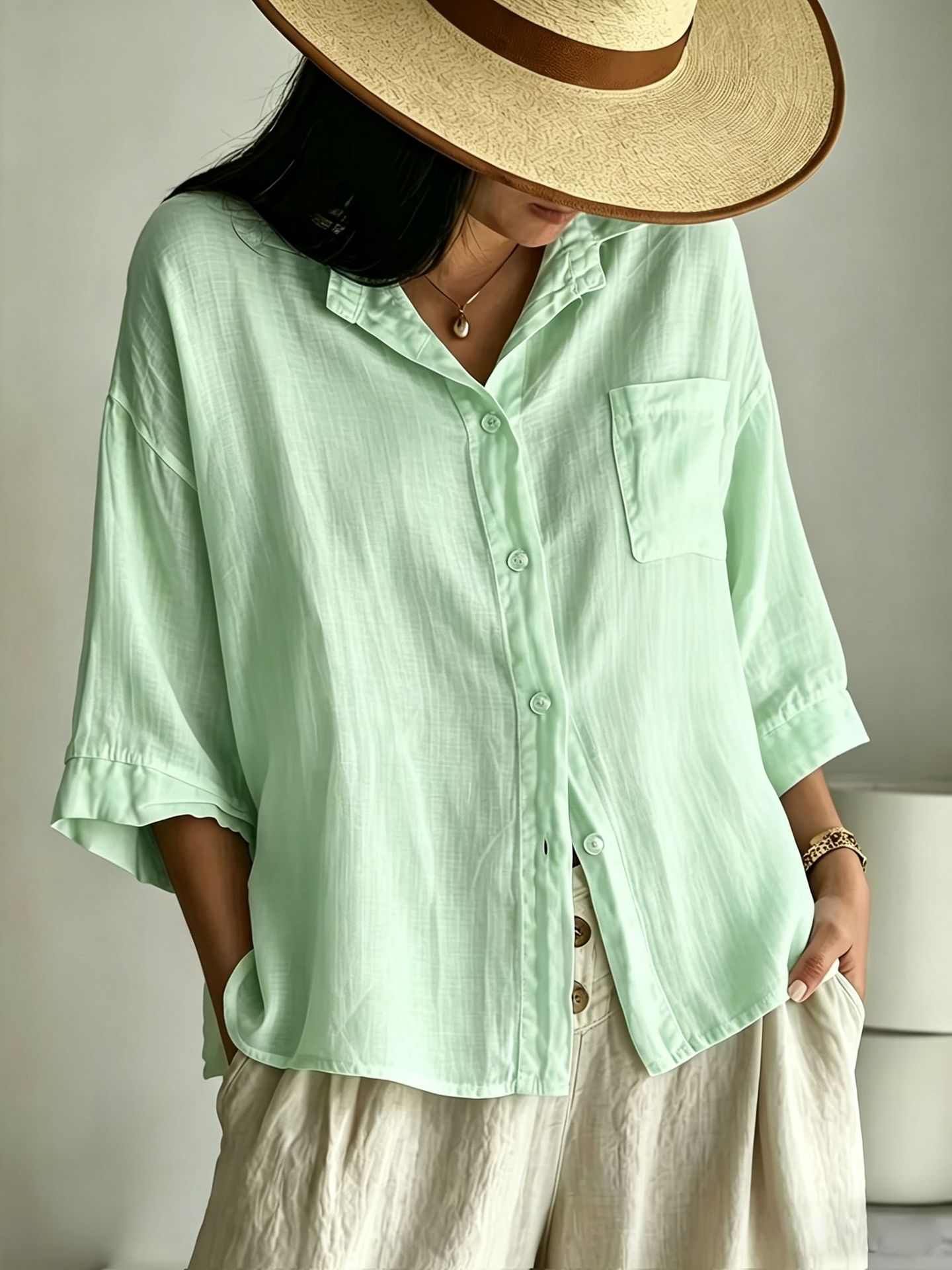 Notch-lapel Single-pocket Drop-shoulder Three-quarter-sleeve Shirt