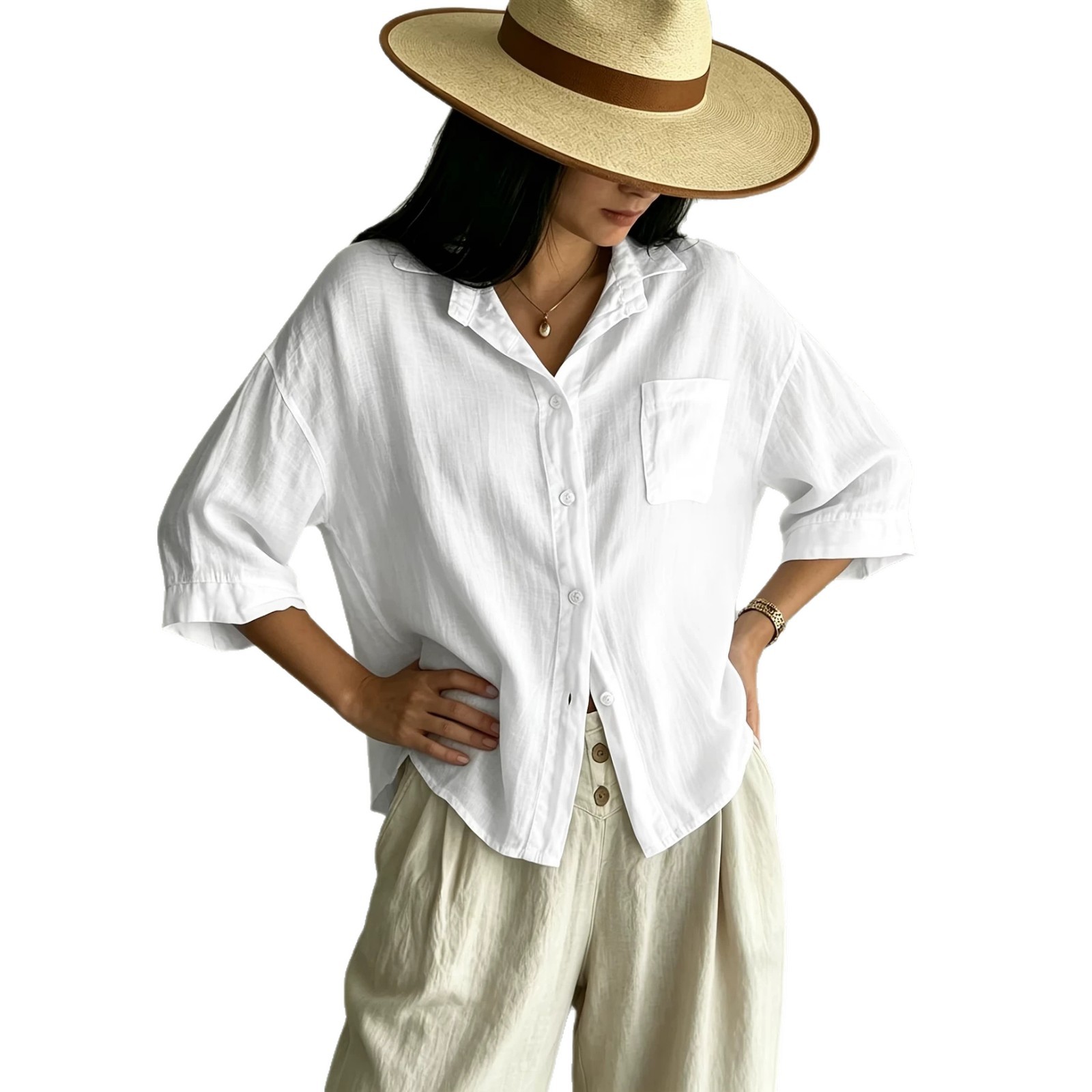 Notch-lapel Single-pocket Drop-shoulder Three-quarter-sleeve Shirt