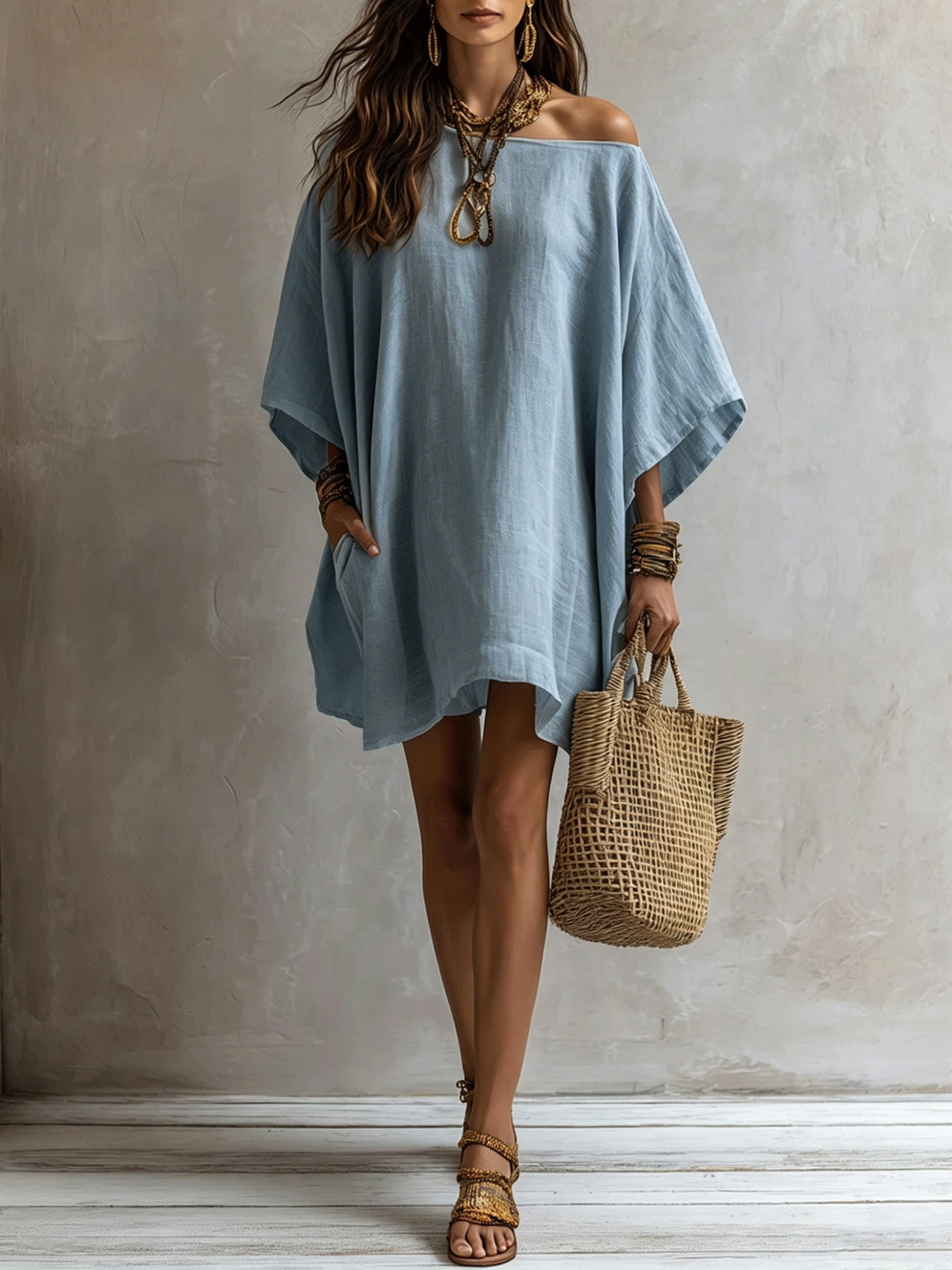 Off-shoulder Loose-fitting Batwing-sleeve Dress