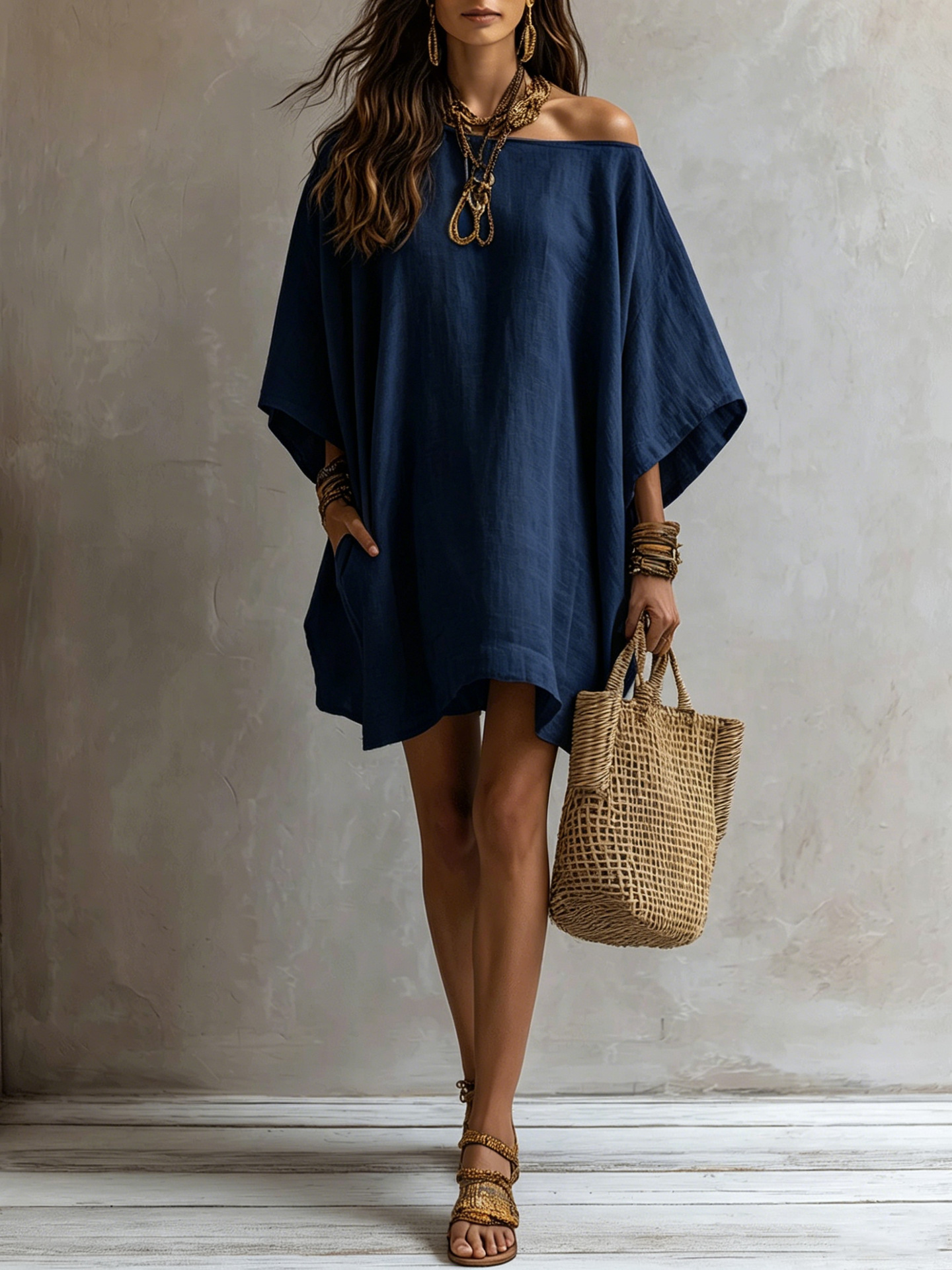 Off-shoulder Loose-fitting Batwing-sleeve Dress