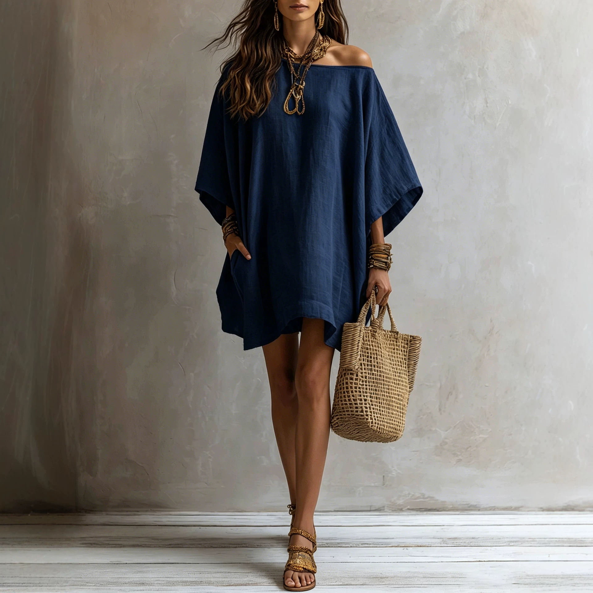 Off-shoulder Loose-fitting Batwing-sleeve Dress