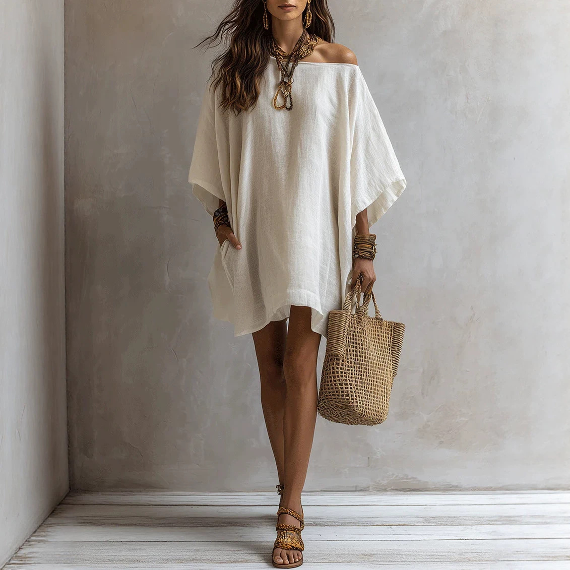 Off-shoulder Loose-fitting Batwing-sleeve Dress