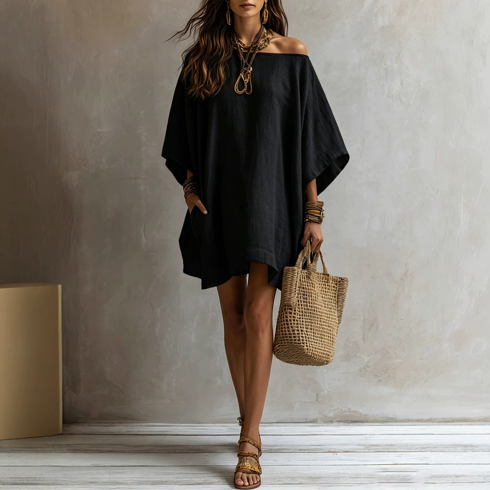 Off-shoulder Loose-fitting Batwing-sleeve Dress