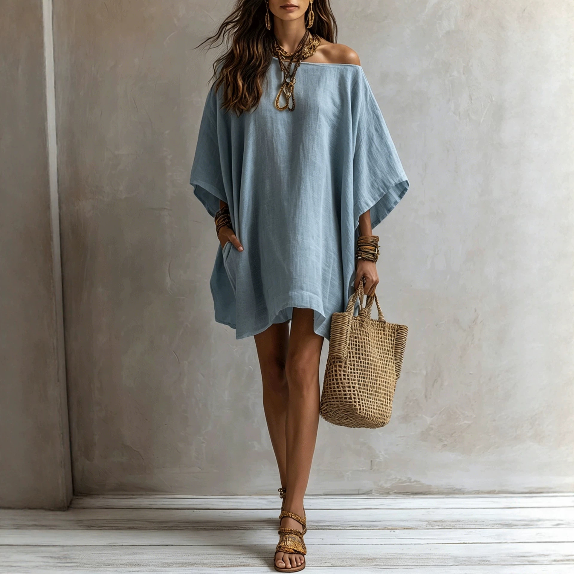 Off-shoulder Loose-fitting Batwing-sleeve Dress