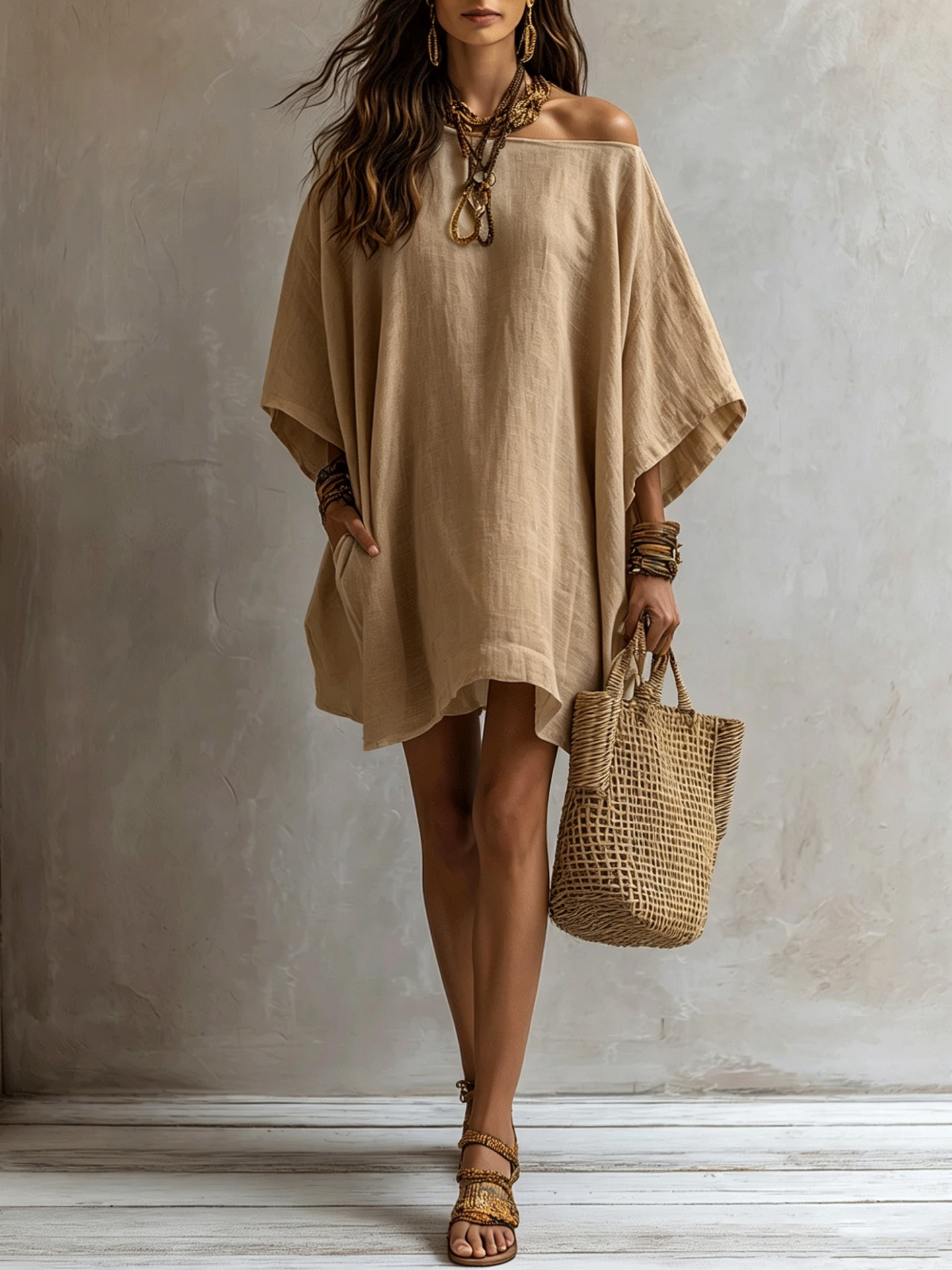 Off-shoulder Loose-fitting Batwing-sleeve Dress