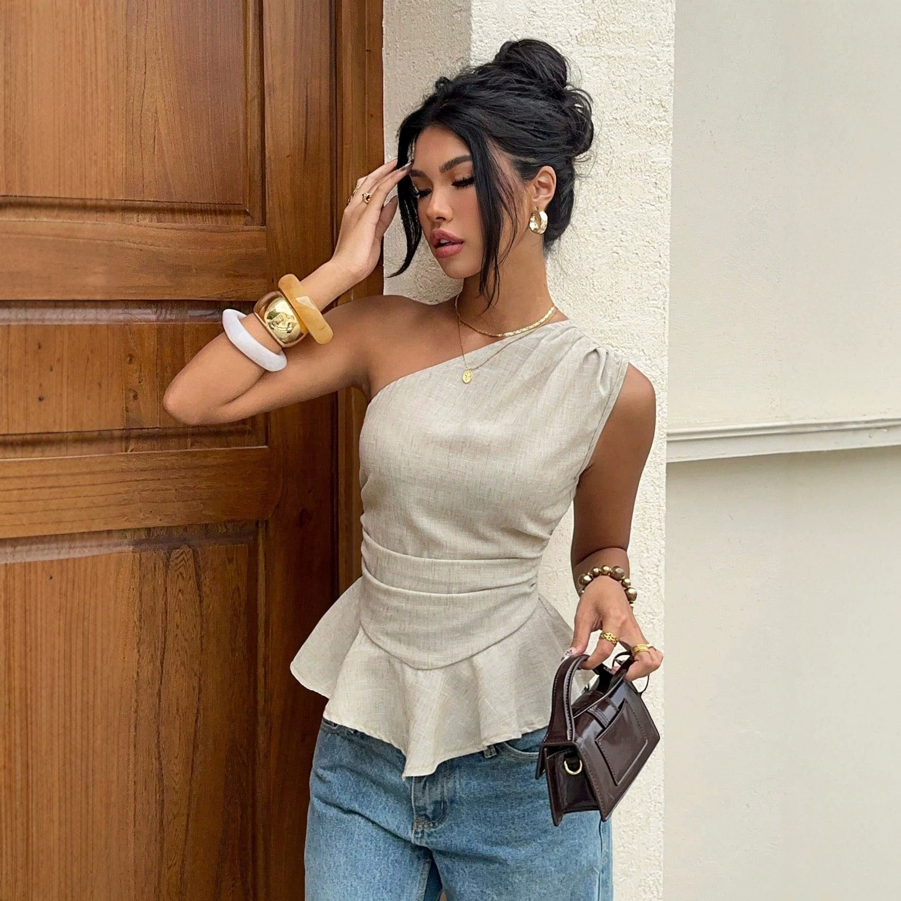 One-Shoulder-Tanktop mit plissierter Taille und gerüschtem Saum zum Abnehmen