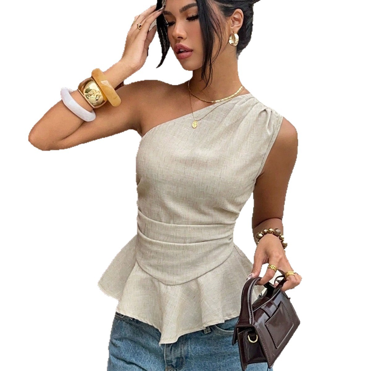 One-Shoulder-Tanktop mit plissierter Taille und gerüschtem Saum zum Abnehmen