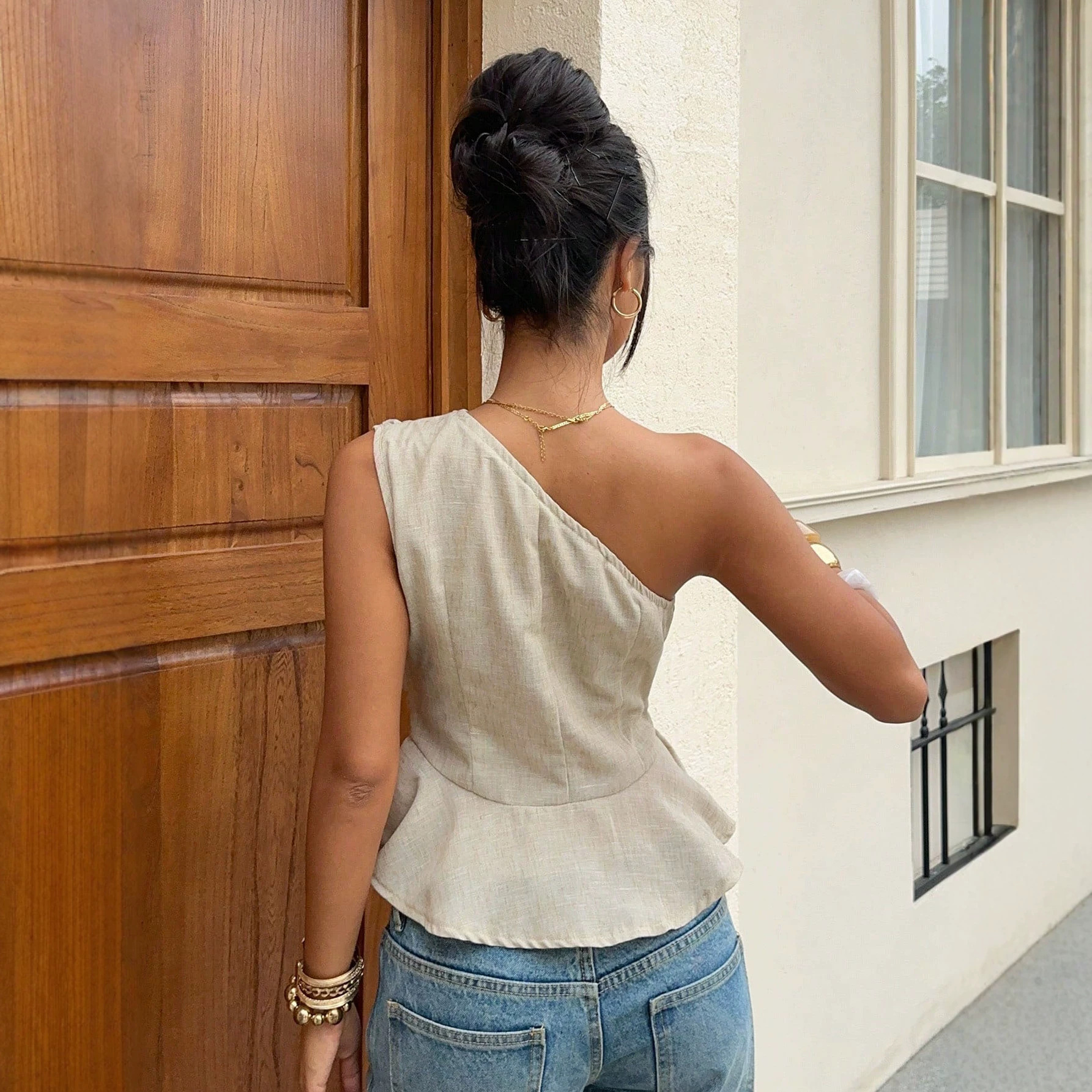One-Shoulder-Tanktop mit plissierter Taille und gerüschtem Saum zum Abnehmen