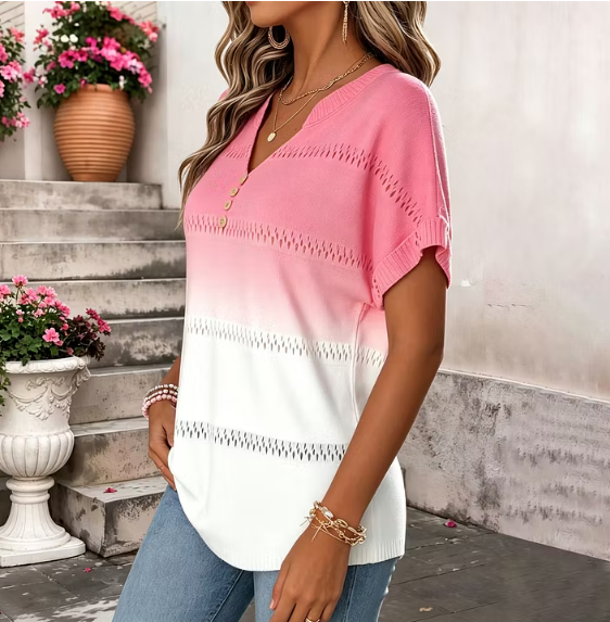 Pink Ombre Hollow-Out Knit Top - Elegant V-Neck T-shirt