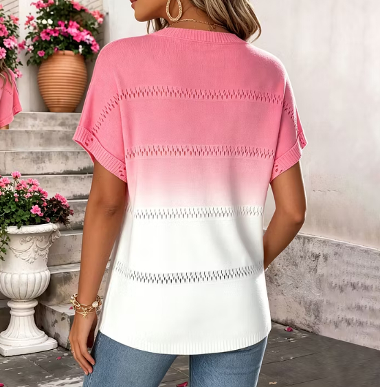 Pink Ombre Hollow-Out Knit Top - Elegant V-Neck T-shirt
