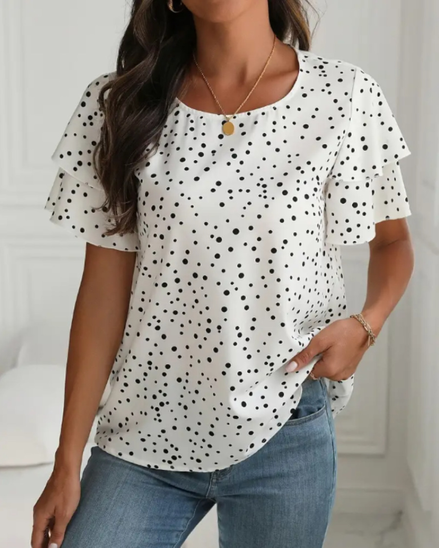 Plus Size Crew Neck Polka Dot Print Short Sleeve Top Shirt