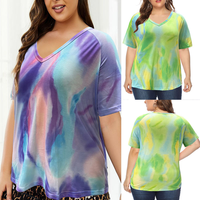 Plus Size V-Neck Tie Dye Short Sleeve T-Shirt, Casual Gradient Rainbow Loose Fit Top With
