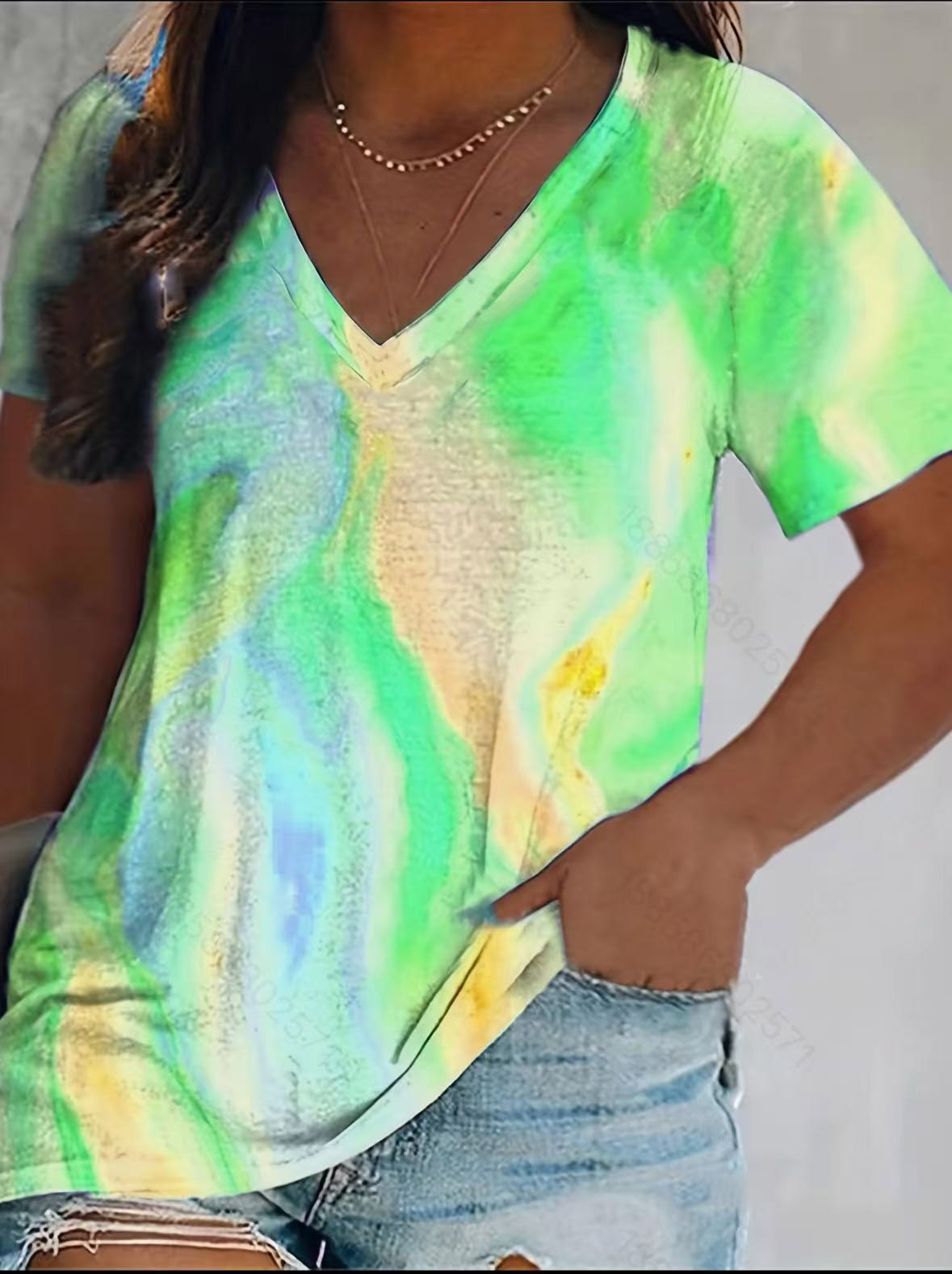 Plus Size V-Neck Tie Dye Short Sleeve T-Shirt, Casual Gradient Rainbow Loose Fit Top With